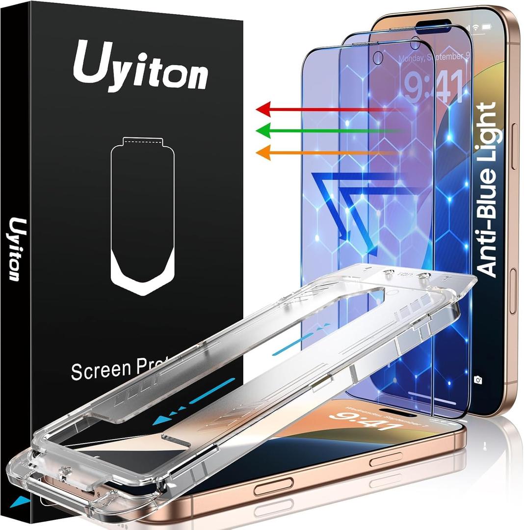 Uyiton Compatible with iPhone 16 Pro Screen Protector (Anti-Blue Light) - [Easy Fit] Shatterproof Full Coverage [Case Friendly] 9H Tempered Glass Screen Protector for iPhone 16 Pro, 2 Pack (iPhone 16 Pro 6.3", Clear(Blue Light))
