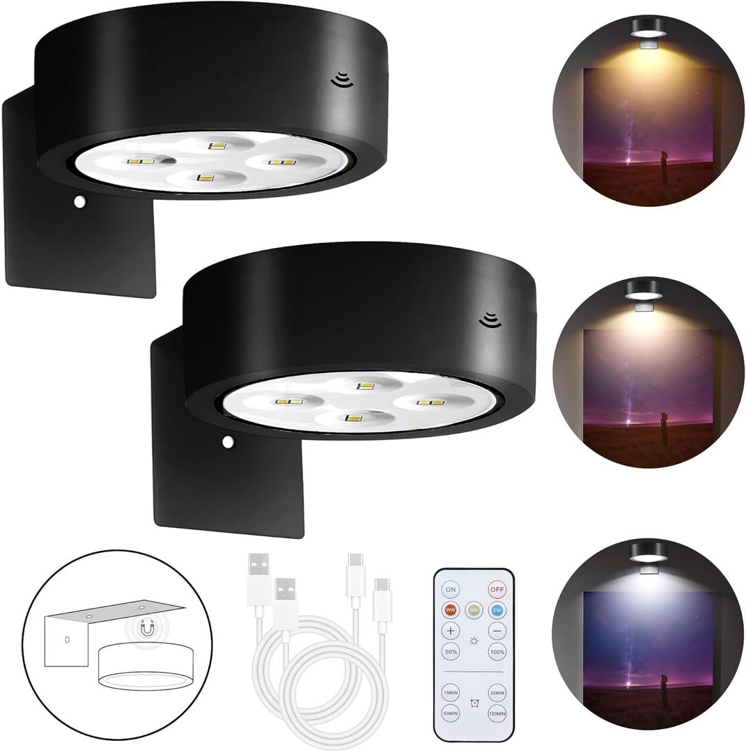 Rechargeable Battery Picture Light, Led Painting Light with Remote Dimmable & Timer, 3 Lighting Modes Magnetic Art Display Light for Paintings, Wireless Wall Decorative Lighting, Black, Pack of 2