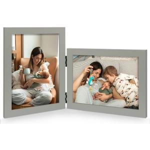 Vertical Horizontal Combo, Double 5x7 Grey Wood Foldable Picture Frame, Opening 4.5x6.5, Desktop or Wall Mounted, Portrait and Landscape View