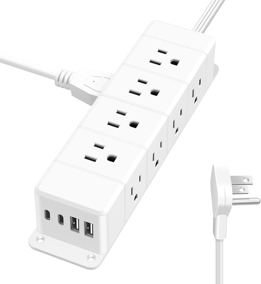 ANNQUAN 40W Fast Charging Under Desk Power Strip,12 Outlet Mountable Power Strip with 4 USB,1200J Surge Protection,6FT Flat Extension Cord (20W_White)