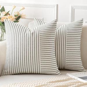 MIULEE Olive Green and Beige Patchwork Farmhouse Pillow Covers 16x16 Inch, Pack of 2 Striped Linen Spring Decorative Modern Accent Pillow Cases for Sofa Couch Bedroom