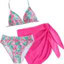 RoseSeek Girl's 3 Piece Bikini Sets Floral Halter Bars and Panties with Tie Side Mini Skirts Swimwear (Pink)