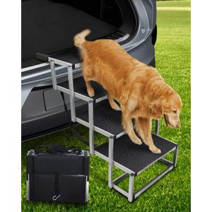 Foldable Dog Car Ramp for Large Dogs, 4 Steps Portable Large Dog Steps for Car Truck SUV High Bed, Aluminum Dog Stairs with Non-Slip Surface, Outdoor Dog Ramp Stairs for Dogs Max Up to 200lbs