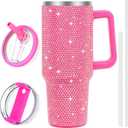 40 oz Tumbler with Handle and Flip Straw Lid, Insulated Leak Proof Double Walled Stainless Steel Rhinestone Diamond Studded Bling Travel Mug Tumblers, Maintains Cold Ice and Heat for Hours