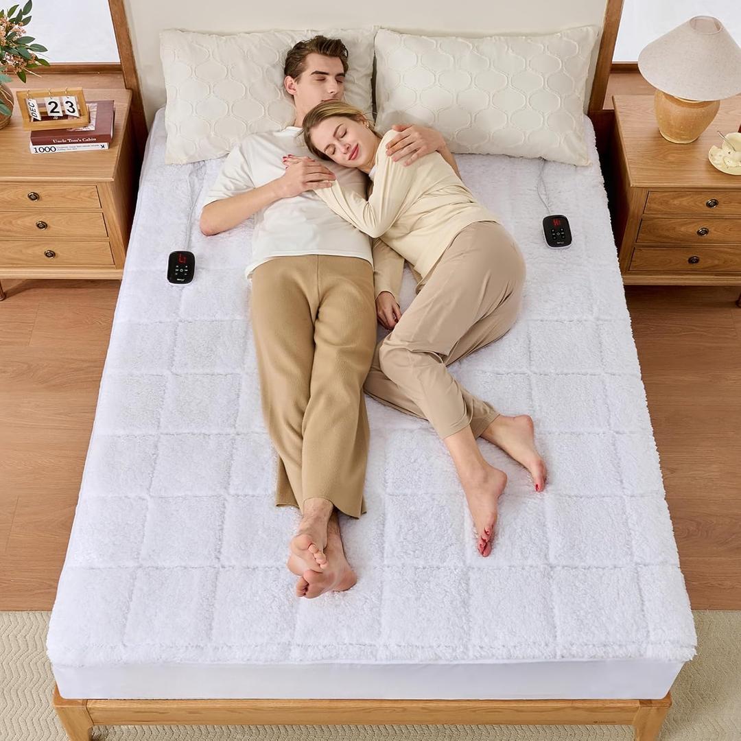 Bearhug Electric Heated Mattress Pads Queen Size 6080 Sherpa Bed Warmer with 16 Deep Pocket 10 Heat Settings 12-Hour Timer Machine Washable White