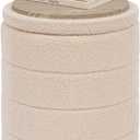 14.5" Round Storage Ottoman,Boucle Sherpa Ottoman with Tray, Faux Teddy Foot Rest Coffee Table for Bedroom Dorm Living Room,Beige, 14.5"D x 14.5"W x 17.7"H