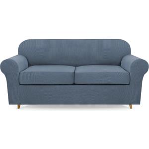 Lamberia High Stretch Sofa Cover for 2 Cushion Couch Loveseat Cover 3 Pieces Thick &Washable Plush Jacquard Sofa Slipover Couch Cover Furniture Protector for Dogs,Pets&Kids (Adritic Blue)