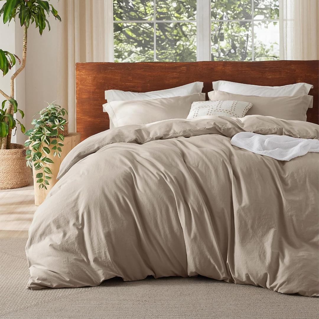 Bedsure 100% Washed Cotton Duvet Cover Queen Size - Frosted Almond Minimalist Cotton Duvet Cover Linen Like for All Seasons - GentleSoft Plain Simple Bedding, Frosted Almond, Queen, 90"x90"
