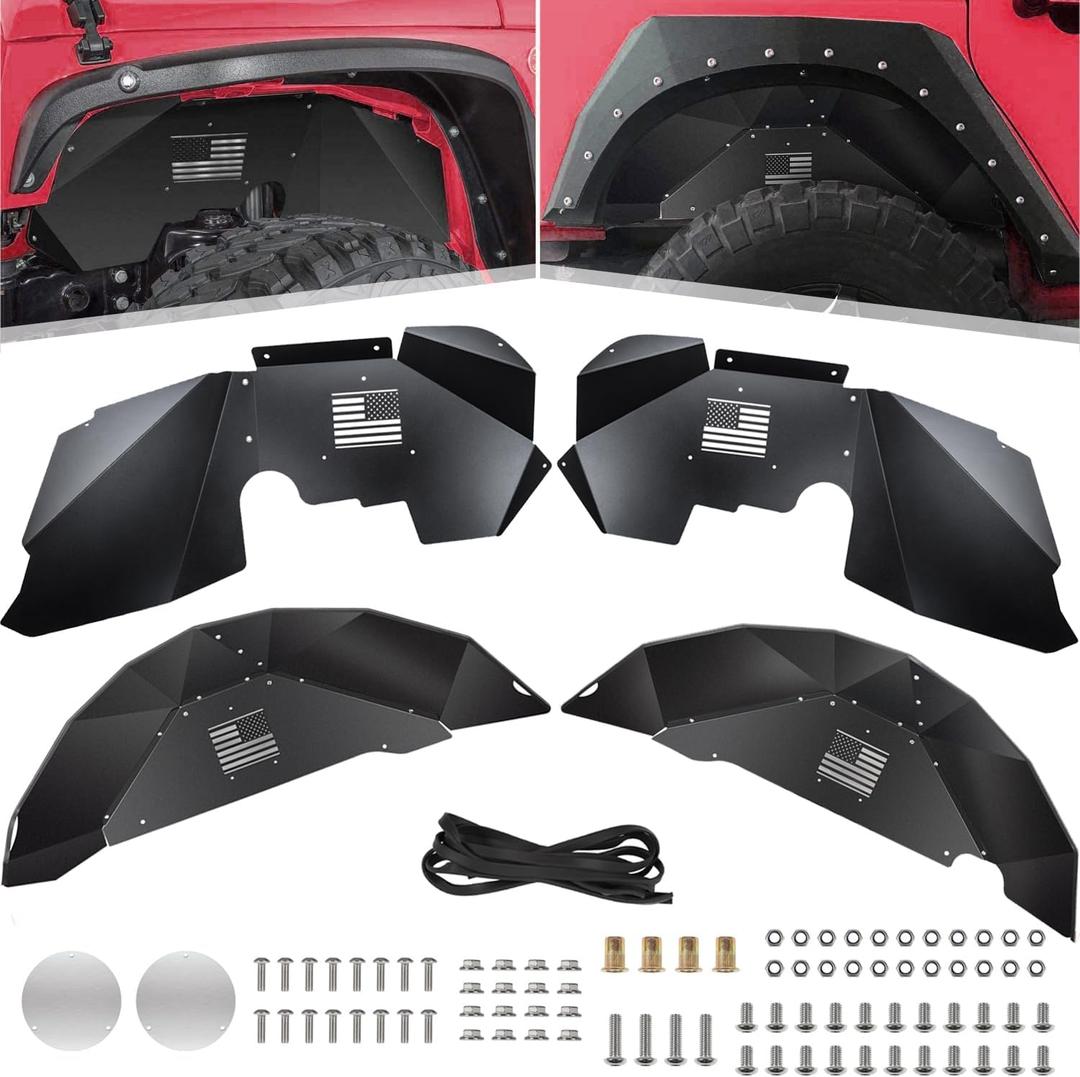 Front & Rear Inner Fender Liners for Jeep Wrangler JK JKU 2007-2018 4WD US Flag Logo Aluminum Lightweight Splash Guards (Black)