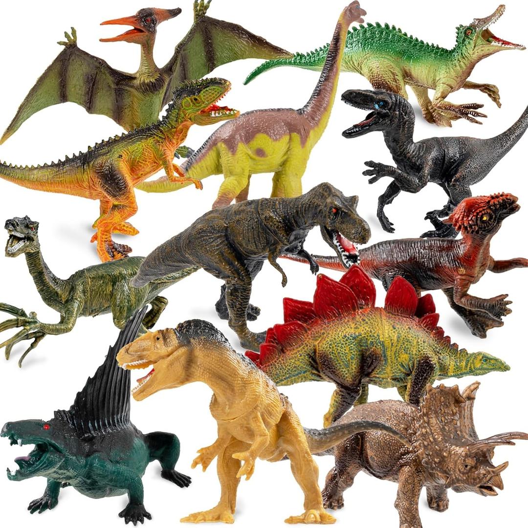 OuMuaMua Dinosaur Toys for Kids 3-5, 12 Pack Realistic Plastic Dinosaur Figure Set Including T-Rex, Stegosaurus, Monoclonius, Dino Toys for Boys 5-7 Party Favors, 6 to 7 Inch Large Size (Gray)