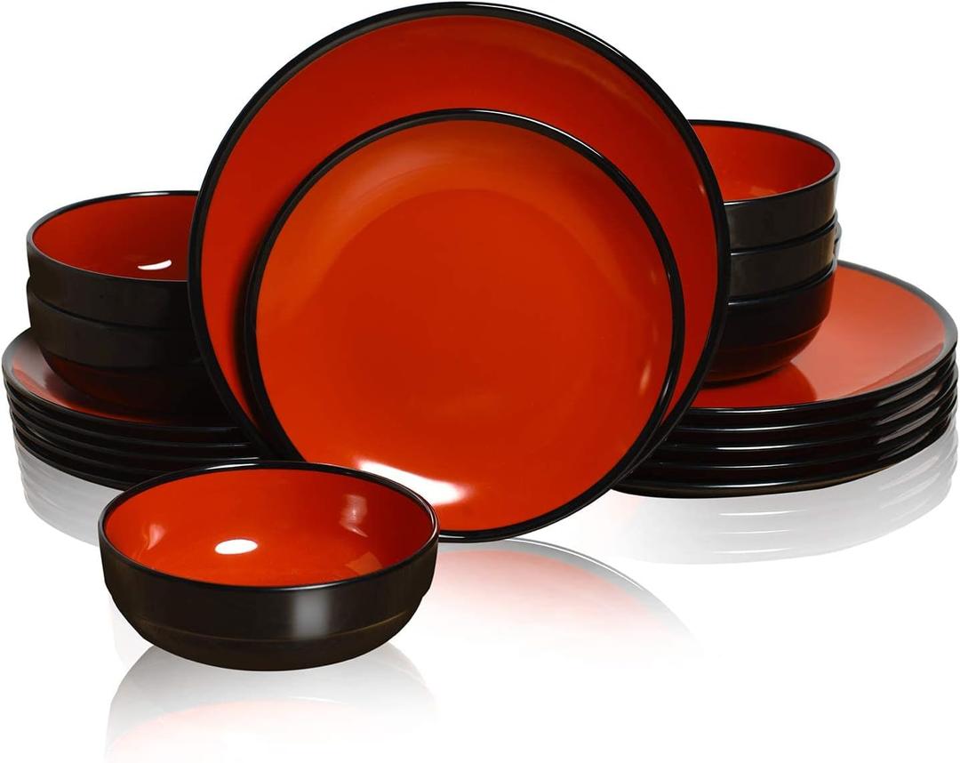 TP 18-Piece Dinnerware Set, Melamine Dishes Set with Bowls and Plates, Service for 6, Non-breakable Lightweight Dining Tableware, Black and Red