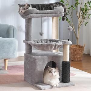 Cat Tree 32 Inches Small Cat Tower with Large Hammock Dia 15.7,Self Groomer, Fully Scratching Post, Removable Top Bed and Wide Hideway Condo for Indoor Cats-Gray
