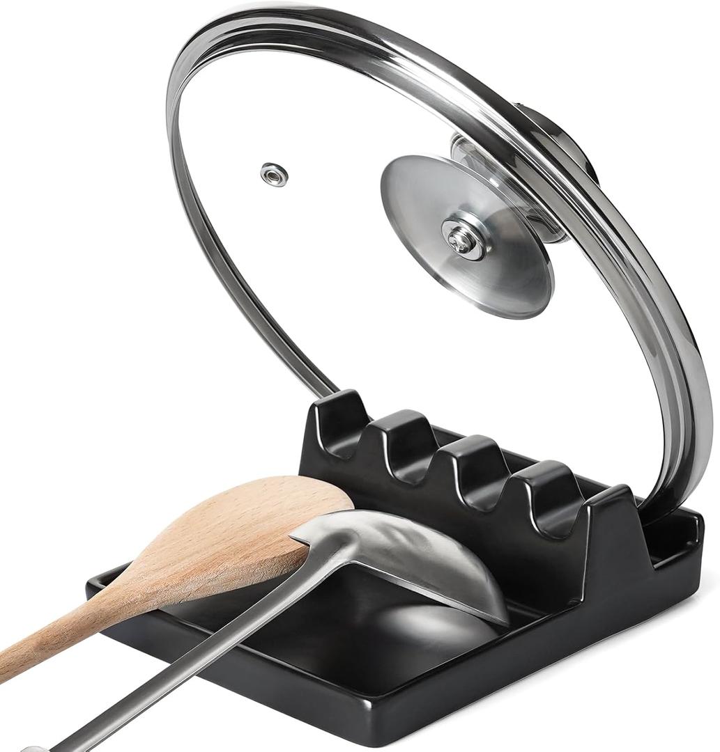 LE TAUCI Ceramic Spoon Rest for Stove Top, 5.3inch Pot Lid Holder for Kitchen Counter, Modern Utensil Rest with Drip Pad for Spoons, Ladles, Spatulas, Heat Resistant & Dishwasher Safe, Black
