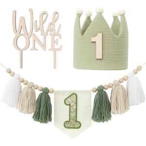 Wild One High Chair Banner For 1st Birthday Party Boy Decorations With Green Tassel Garland Crown Hat Cake Topper