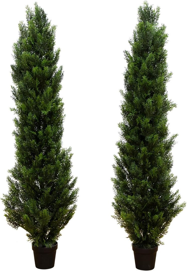 Nearly Natural 5ft Cedar Topiary Artificial Trees - UV Resistant, Realistic Green Foliage, Cone Shaped, Indoor/Outdoor Decor, Set of 2