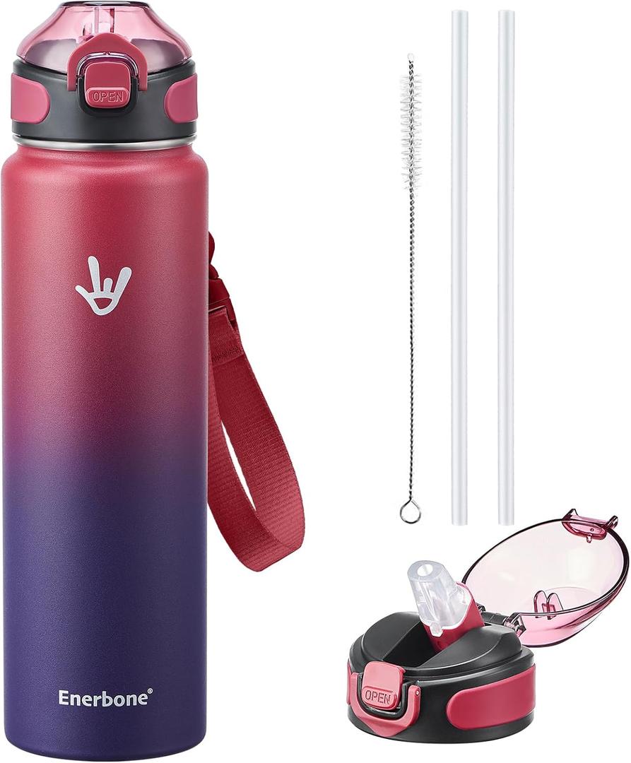 Enerbone 32 oz Insulated Water Bottle, Stainless Steel Bottle with Carrying Strap, Double-Wall Vacuum Insulation Design, Leakproof Sports Bottle with Straw, Keep Drinks Cold or Hot for Hours (Eclipse Eve)
