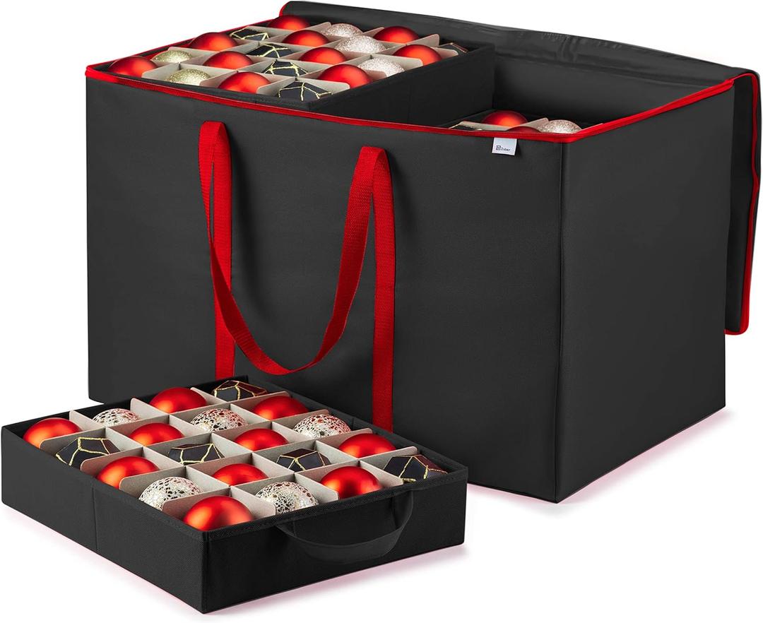 Premium Large Carrying Christmas Ornament storage Box with Clear Lid, 3" Compartment, Contains 10 Trays, Keeps 200 Holiday Ornaments & Xmas Accessories, Made Of Tear Proof Made Of 600D Oxford Fabric (Black)