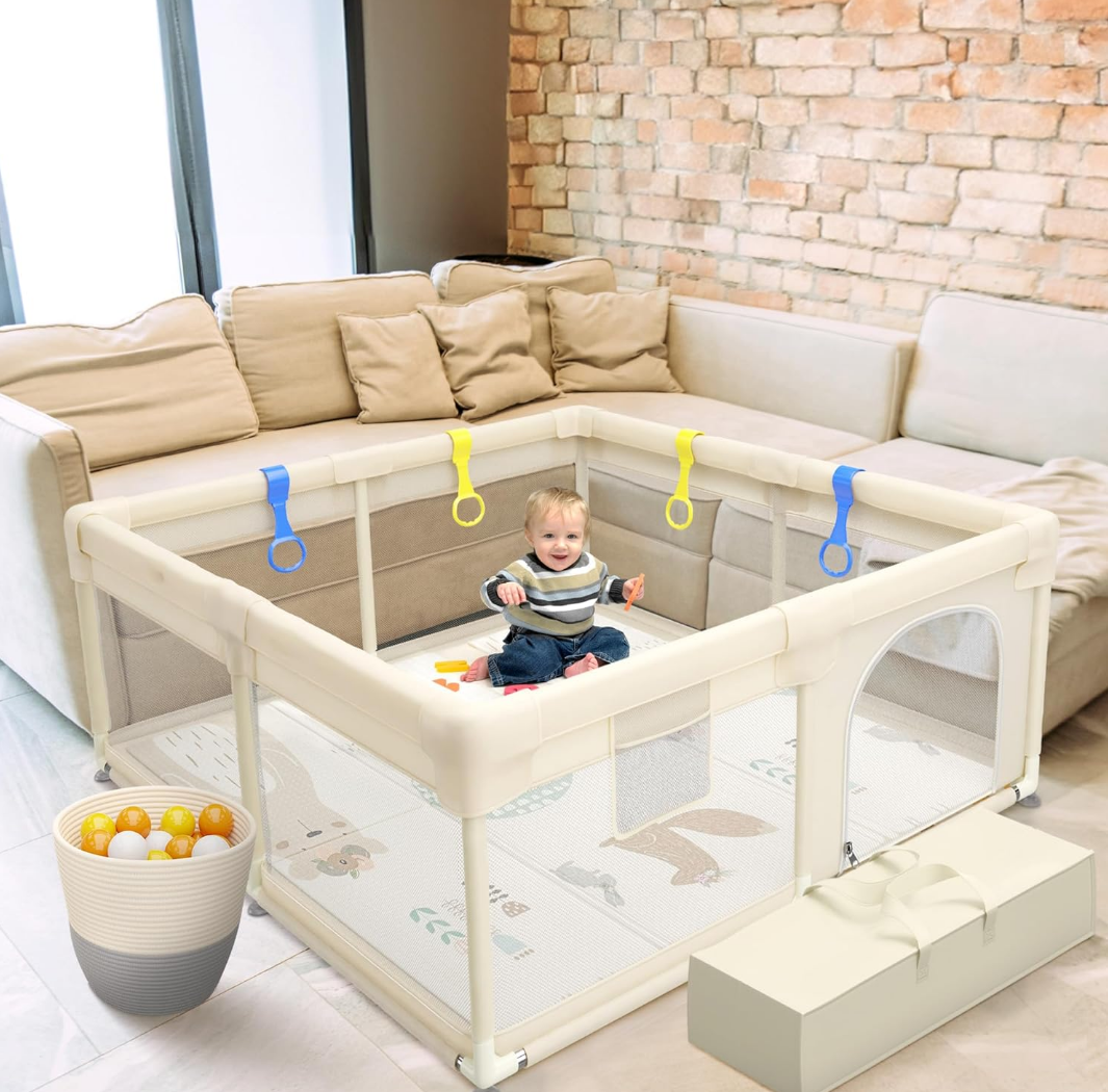 MiMi & Tom Baby Playpen with Mat – Safe Play Yard with 4 Pull-Up Rings, Ocean Balls & Toy Storage Basket – Large Minimalist Playpen for Babies & Toddlers (49” x 49”)