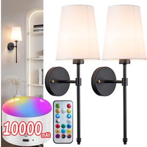 Battery Operated Wall Sconce Light with Remote Control, Dimmable Wall Sconce Set of 2 with White Fabric Shade, Wireless Battery Operated Wall Lamp for Bedroom Living Room, Bulb Included (Black)