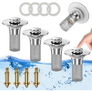 4PCS,Bathroom Sink Stopper Hair Catcher, Pop-up Sink Drain Strainer with Removable Stainless Steel Strainer Basket Hair Catcher, Bathroom Sink Strainer for Stopper Replacement.