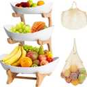 3 Tiered Fruit Bowl, Plastic Vegetable Storage with Bamboo Wood, Fruit Basket with Shopping Mesh Bags for Fruit Vegetable Storage Snack Party
