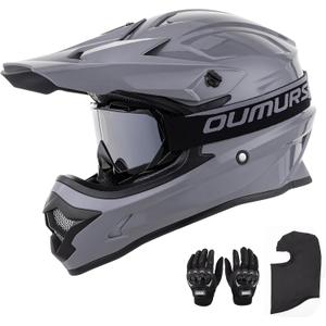 OUMURS Adult ATV Dirt Bike Helmet with Goggles Gloves & Mask Adjustable Sun Visor Motorcycle Adult Helmet Off-Road Motocross Downhill Moped MX for Unisex-Adult-Gray, L