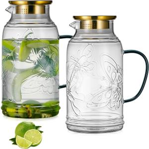 Glass Pitcher with Lid and Handle, 2 PACK 68 oz/2 Liter Vintage Butterfly Design Fridge Water Pitcher, Borosilicate Glass Water Carafe for Hot/Cold Water, Coffee, Iced Sun Tea, Heat Resistant