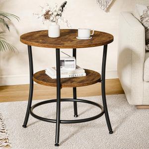 DUMOS Side Round Table for Living Room, 2-Tier Accent End Table with Storage Shelf,Sturdy Metal Frame Nightstand for Small Space, Round Bedside,Rustic Brown and Ink Black, 21.7"D x 21.7"W x 21.7"H
