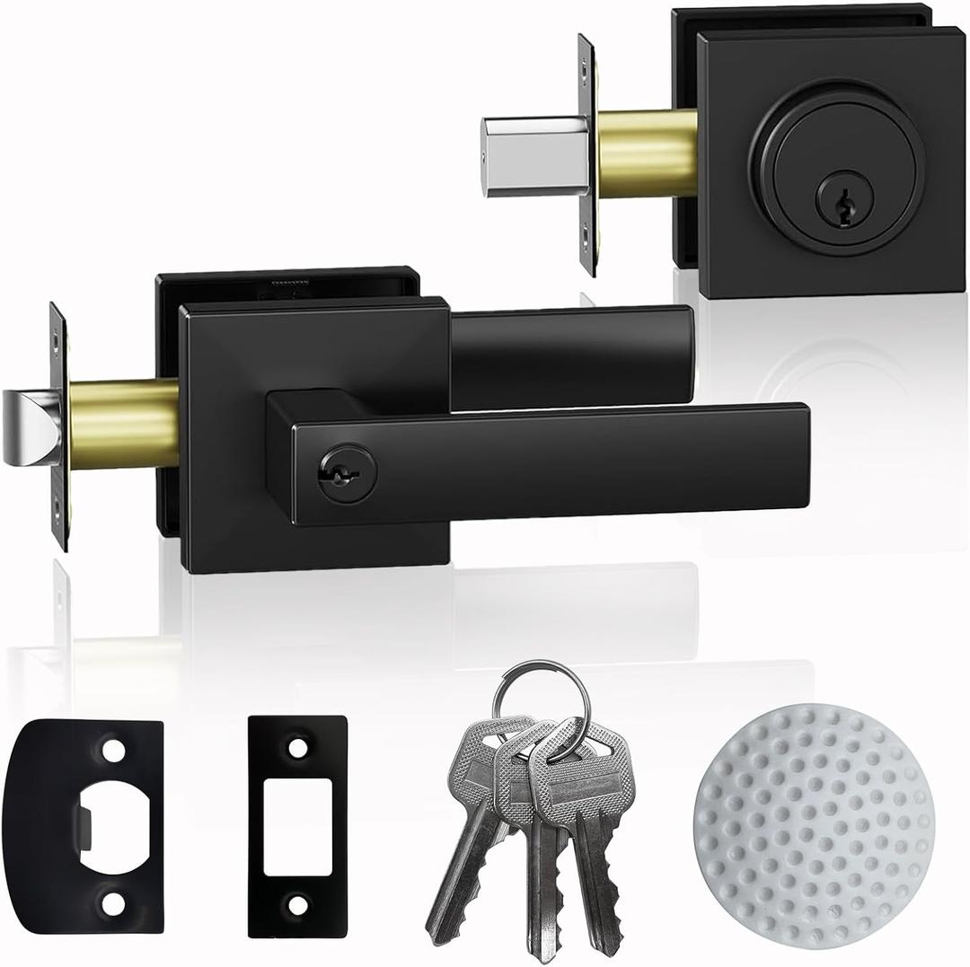 JO.KO Keyed Entry Door Handle and Single Cylinder Deadbolt Door Locks,Matte Black Front Door Handle and Deadbolt Set,Heavy Duty Exterior Door Lever for Office and Home 1 Key 1 Combo