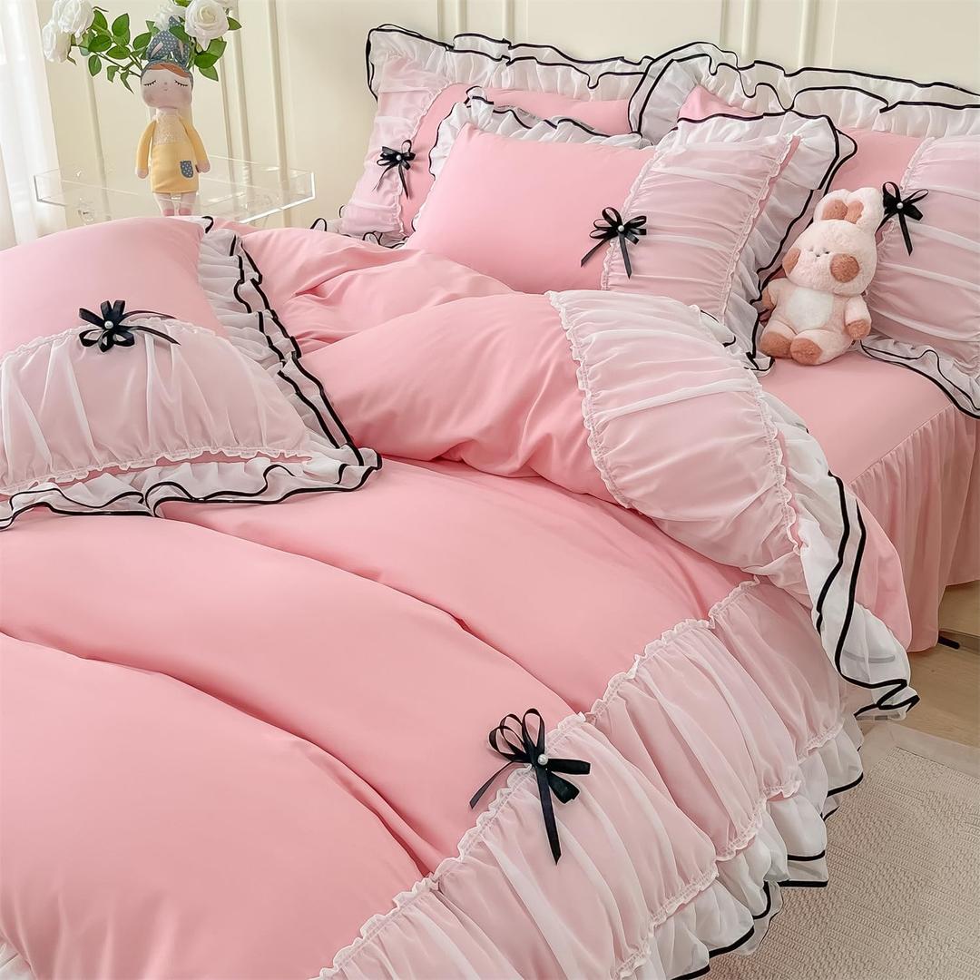 IHOUSTRIY Pink Duvet Cover Queen Size, Ruffle Beddding Set with Bowtie, 3 Pieces Comforter Cover Set with Zipper Closure, Girl Bedding with Pillowcase - Light Pink, Queen (Queen, Light Pink)