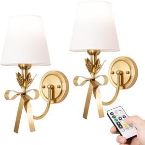 Adust Battery Operated Wall Sconce Set of Two, Antique Brass Bow Wall Sconces Remote Control Dimmable Rechargeable LED Light Bulb, 3 Color Temps LED for Bedroom Living Room Decor