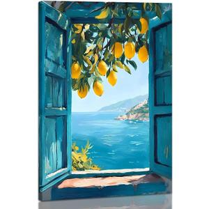 Framed Open Window Beach Canvas Wall Art Coastal Wall Decor Picture White Flowers and Butterflies Painting Artwork Fake Window Wall Art Horizontal Nature Landscape Seaside Summer Print for Home Decoration (E, 16x24inch(40x60cm), Framed)