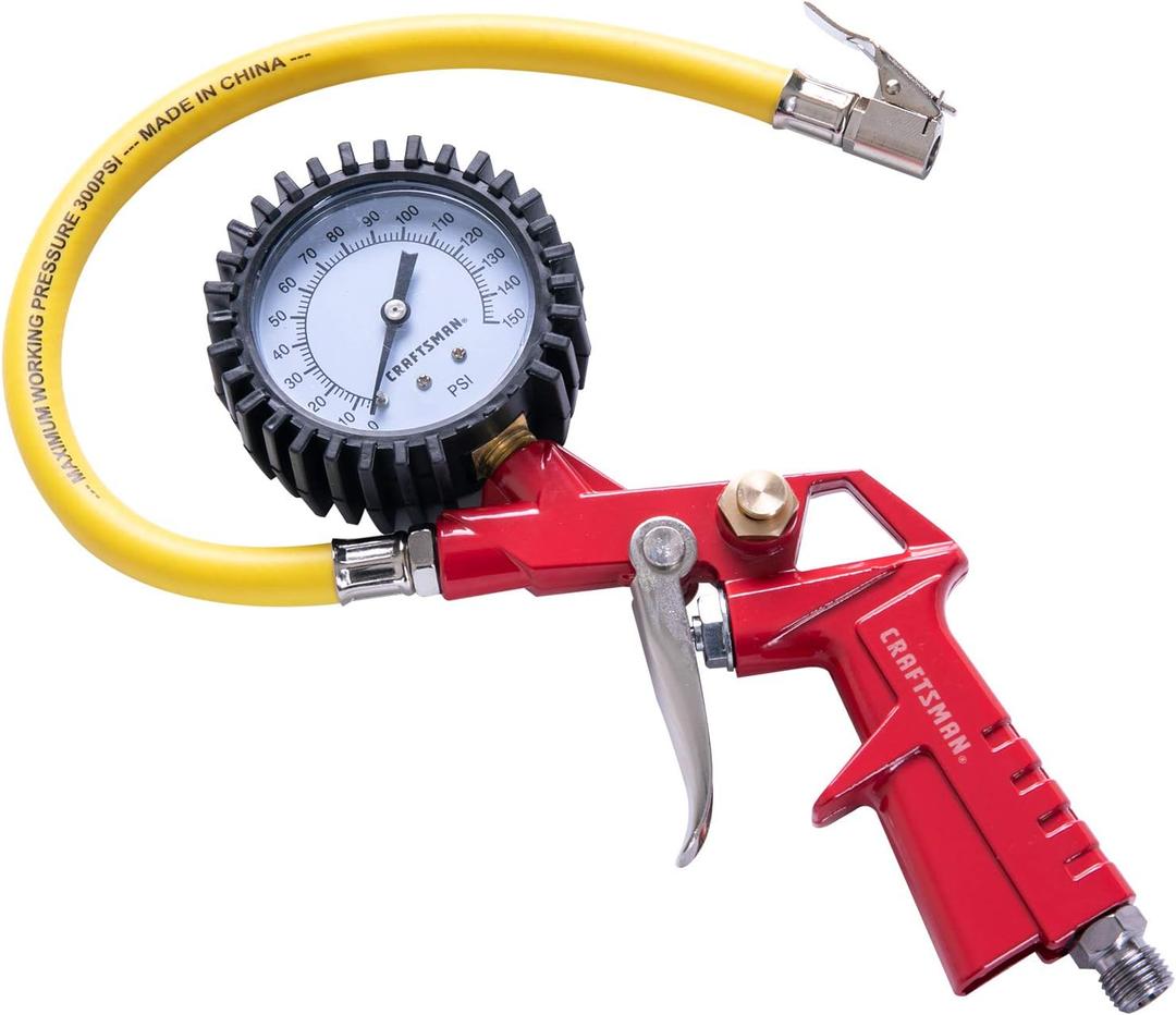 CRAFTSMAN Inflator Gun, 0-150 PSI, 3-in-1 Multi-Function Gauge, Air Chuck and Relief Valve, Cold-Resistant 12-in Inflation Hose, Versatile Attachments, and 1/4-in NPS Male Threads