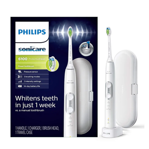 PHILIPS Sonicare ProtectiveClean 6100 Rechargeable Electric Toothbrush, with Pressure Sensor, 3 Cleaning Modes, SmarTimer and QuadPacer, 14-Day Battery Life, Travel Case, White, Model HX6877/21