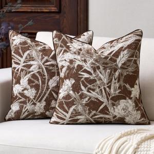 Aeckself Pack of 2 Decorative Chenille Floral Throw Pillow Covers Vintage Couch Pillow Covers 20 x 20 Inch Neutral Farmhouse Cushion Covers Home Decor for Sofa Bed Living Room Caramel Brown