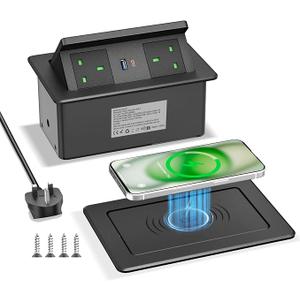Recessed Power Strip with USB-C PD 20W and 15W Wireless Charging, Desktop Power Socket with 2 Outlets, Pop Up Sockets for Kitchen Worktops, Conference Desk, 1.8M Cable, Black