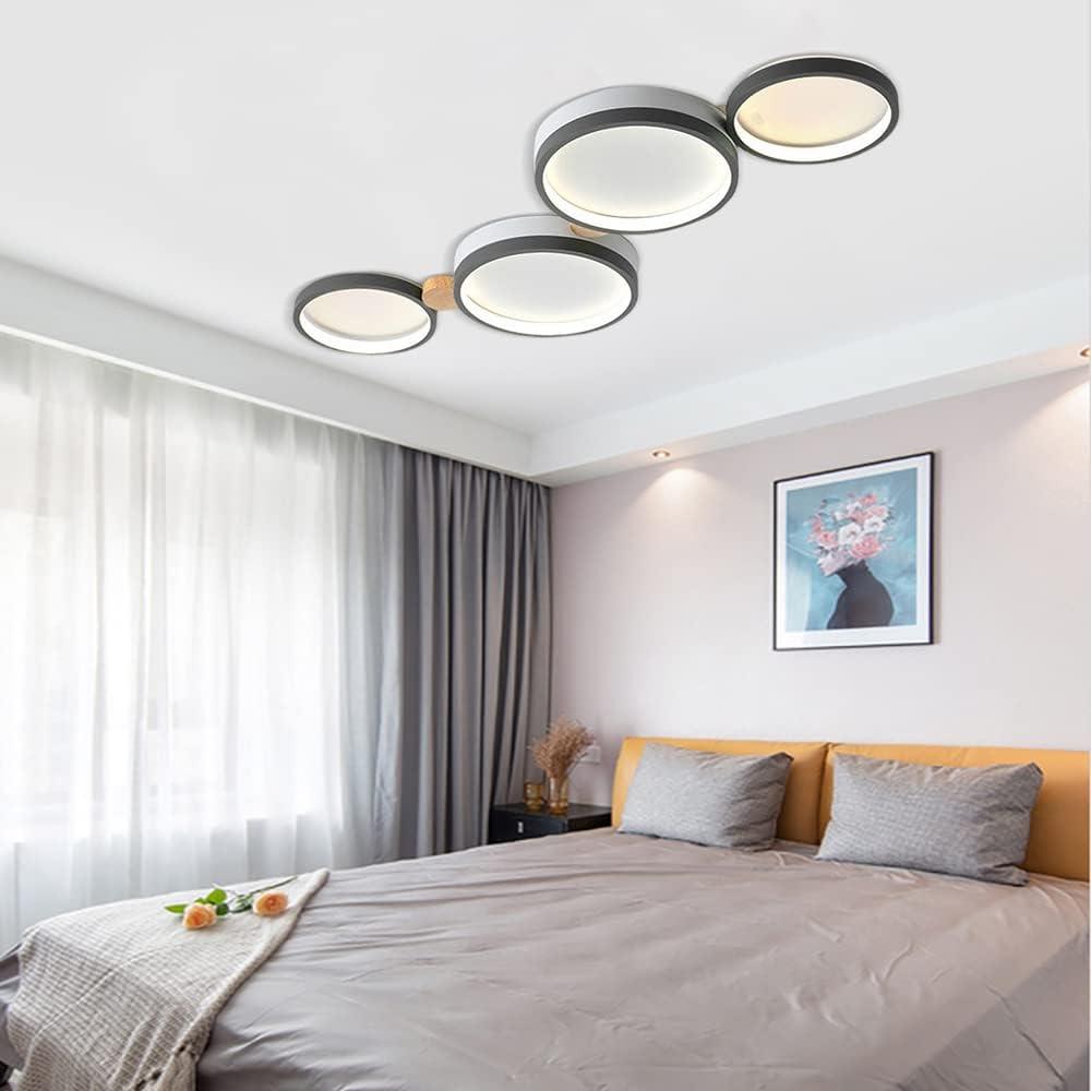 4-Lights LED Ceiling Light Fixture,23 Inch Modern Ceiling Lights Flush Mount Wooden 30W Dimmable Chandelier for Living Room Bedroom Kitchen,3000K/4000K/6000K Temperatures Selectable Grey (Gray)