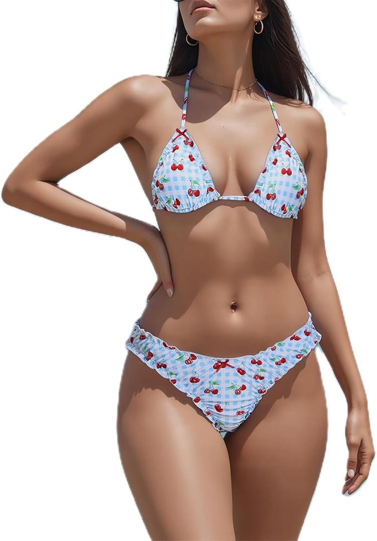 Women's Lemon Peach Pattern Plaid Print Bikini Sets Halter Top Low-Rise Panties Ruffles Trim Bathing Suits (Small, Blue)