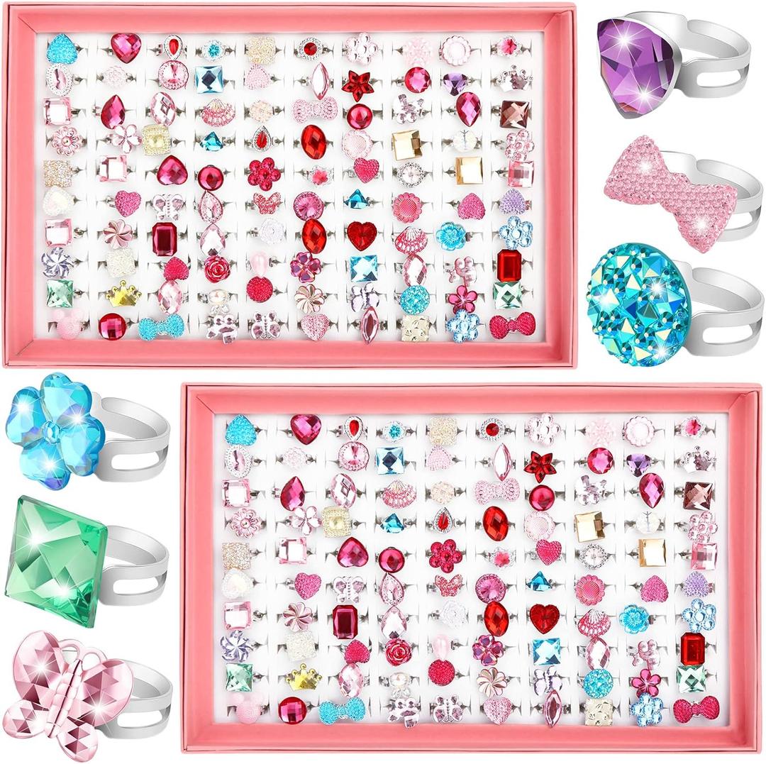 Jerify 2 Boxes Valentine Kids Rings for Girls, Adjustable Little Girl Dress up Rings Play Jewelry Princess Jewel in Box for 4-12 Year Old Kids Toys Party Favors Birthday Gifts Assorted
