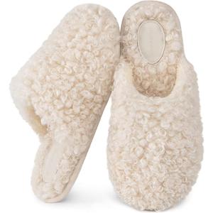 Snug Leaves Women's Scuff Slippers Furry Cute Curly Faux Wool Slip-on Indoor Memory Foam House Shoes 9-10