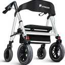 Rollator Walker with Seat,12" Front Wheels 10" Rear Rolling Walker, Extra-Wide Heavy-Duty Rollator Walker with Seat and Brakes for Seniors and Adults Bariatric with Large Aluminum (Blue)