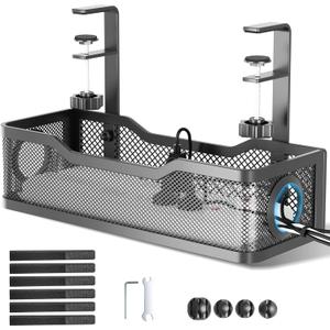 Cable Management Under Desk Tray, No Drill Cable Management Box With Clamp for Wire Organization, Cord Organizer for Office, Home  No Damage to Desk (Black)