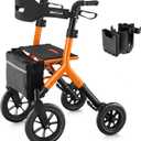 MAXWALK Rollator Walker with Seat, Tall Walkers for Seniors, 12" Big Rubber Wheels All Terrain Rollator Walker with Backrest, Built-in Cable, Foldable and Dual Adjustable Height for 5.3-7ft, Orange