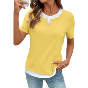 SHEWIN Womens Tops Casual Crewneck Color Block Short Sleeve Mock Double Layer T-Shirt Summer Outfits for Women 2026 (Yellow, M)
