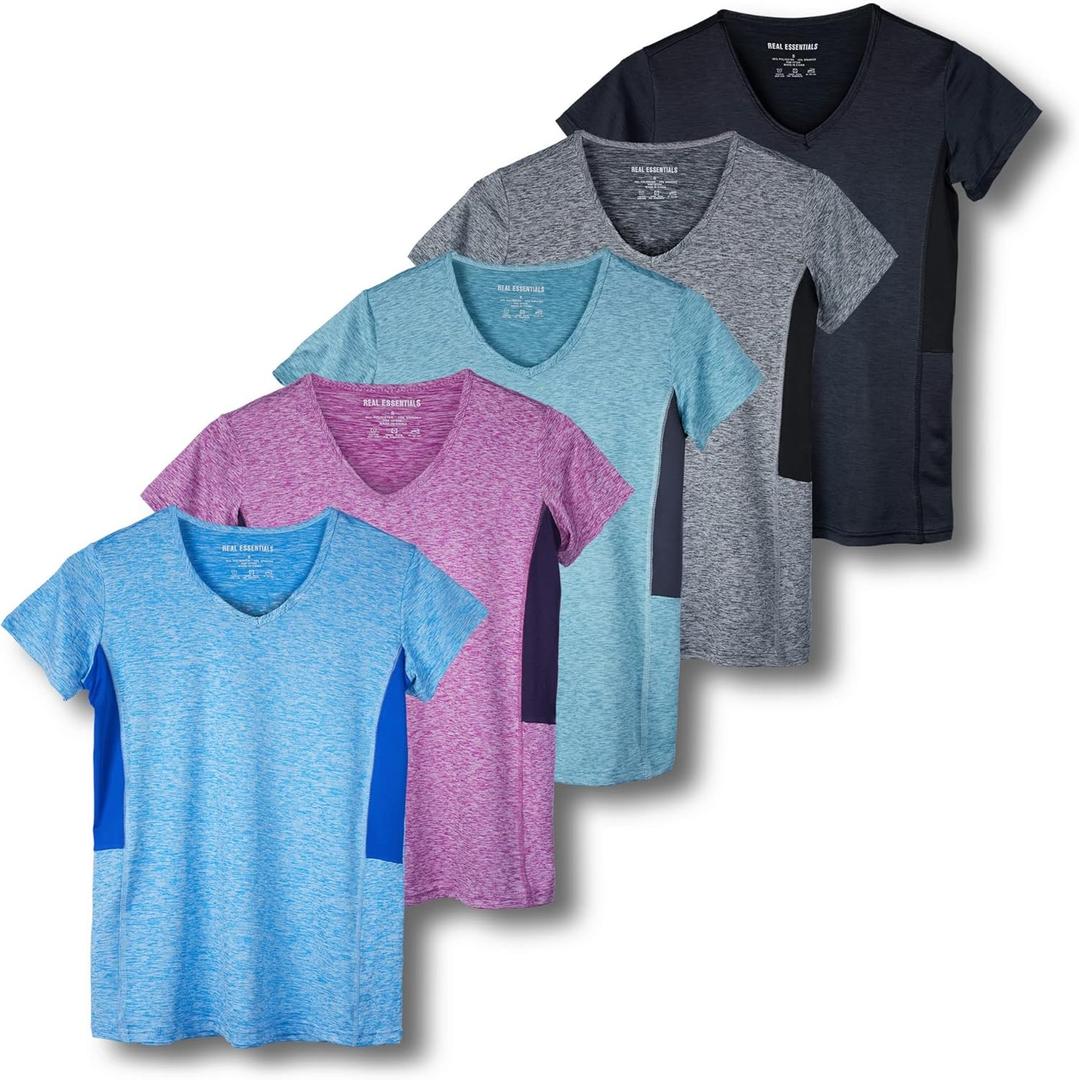 Real Essentials 5 Pack: Women's Dry Fit Short Sleeve V Neck Workout Top - Fitness Gym Athletic Yoga T-Shirt (X-Large)