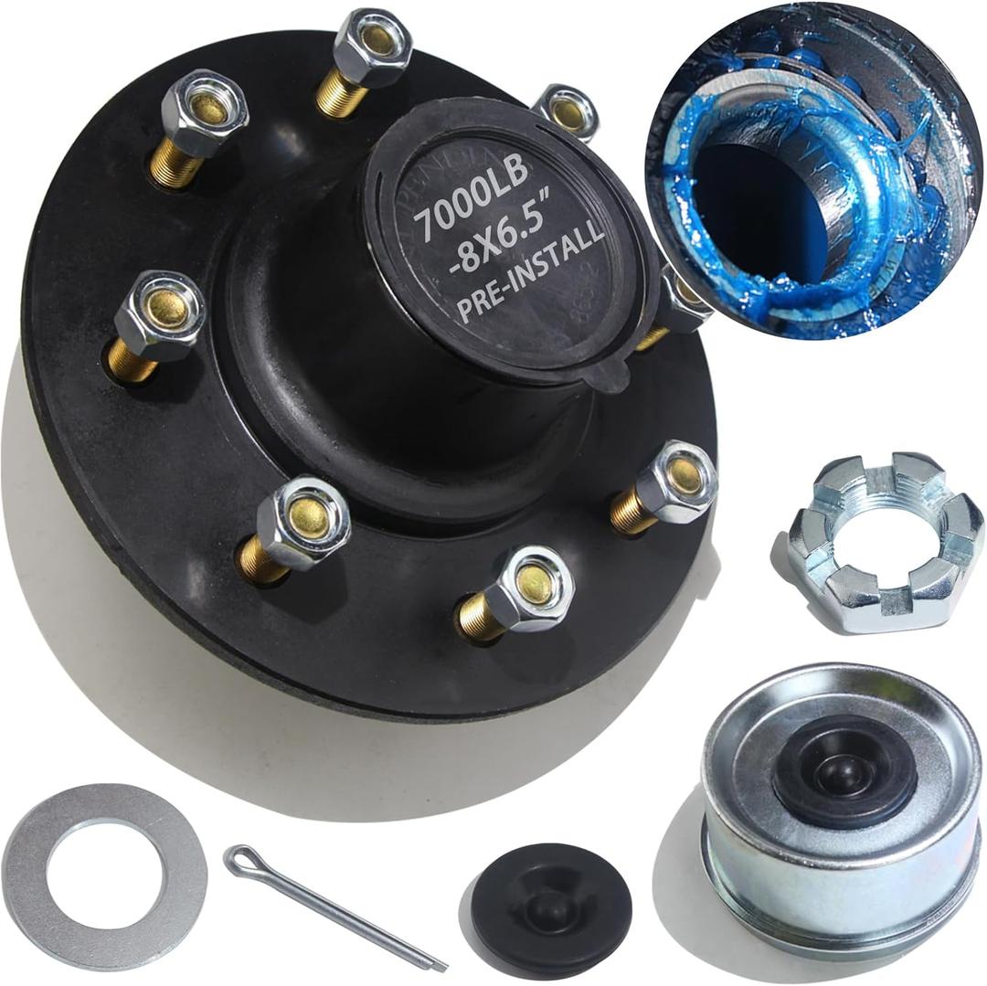 iBroPrat 1 Set Trailer Hub Kit 8 Bolt 6.5", Pre-Lubricated and Installed Trailer Axle Kit for 7000lb 8 Lug Trailer Hub Fits 25580 14125A Brearing with Dust Cap and Rubber Plug