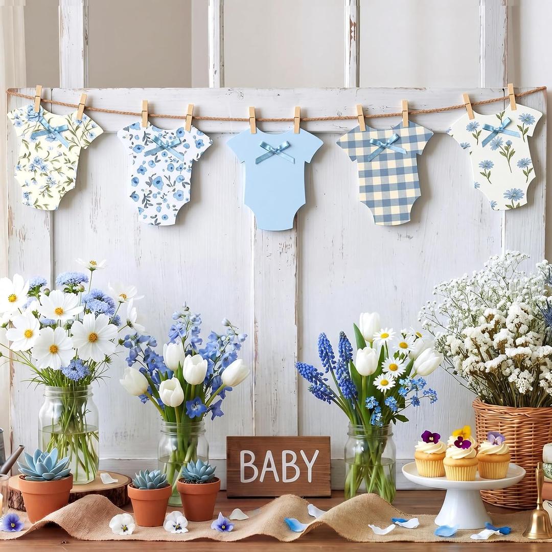 Frienda Baby in Bloom Paper Banner Baby Shower Blue Paper Bodysuit Dress Garland Outfit Set with Clips Hemp Rope for Gender Reveal Shower Birthday Party Decoration