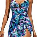 Women's One Piece Swimdress- Tummy Control Swimsuits with Skirt V Neck U Ring Bathing Suit Tie Knot Swimwear L