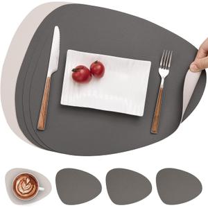 Myir JUN Placemats, Dual-Sided Placemats Waterproof Faux Leather Placemats Set of 4 Place Mats and Coasters Non-Slip Washable Table Mats for Dining Table (Gray Beige, Set of 4)