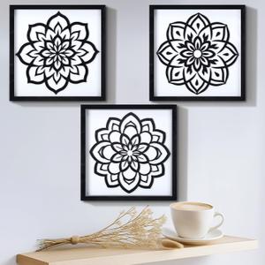 Kathfly 3 Pieces 3D Vintage Black Floral Wall Art, Wooden Framed Boho Wall Decor Dark Textured Farmhouse Ready-to-hang Gift Set for Bathroom Bedroom Office